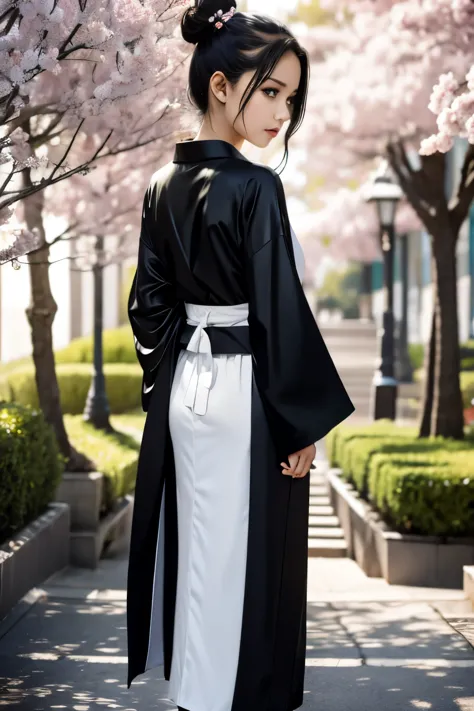 ((masterpiece,best quality)),2girls, black kimono, black legwear, black ribbon, black hair, cherry blossoms, day, flower, hair b...