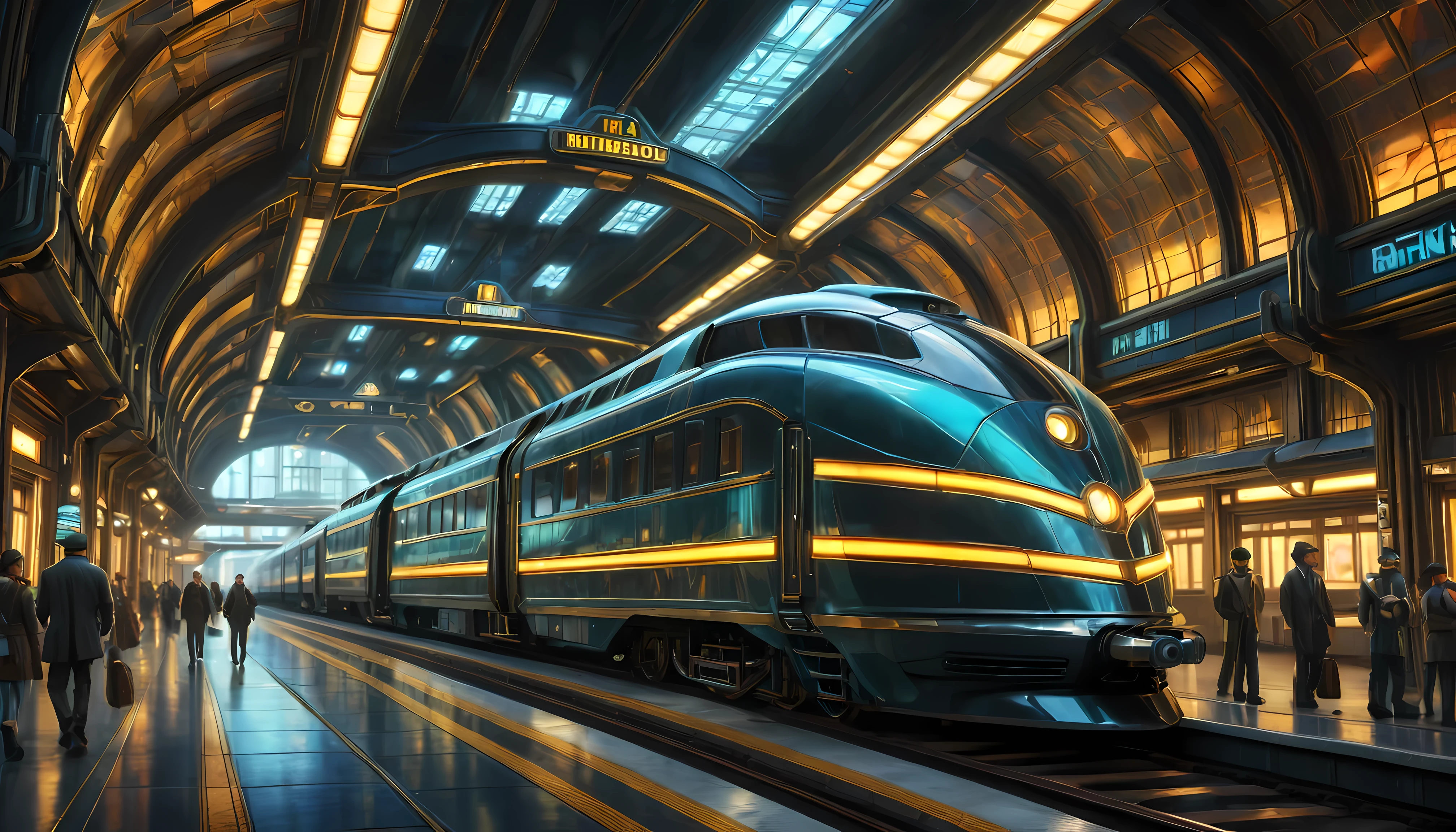 art deco style flying train, art deco style science fiction, background is floating train station.

(best quality,4k,8k,highres,masterpiece:1.2),ultra-detailed,(realistic,photorealistic,photo-realistic:1.37),HDR,UHD,studio lighting,ultra-fine painting,sharp focus,physically-based rendering,extreme detail description,professional,vivid colors,bokeh.