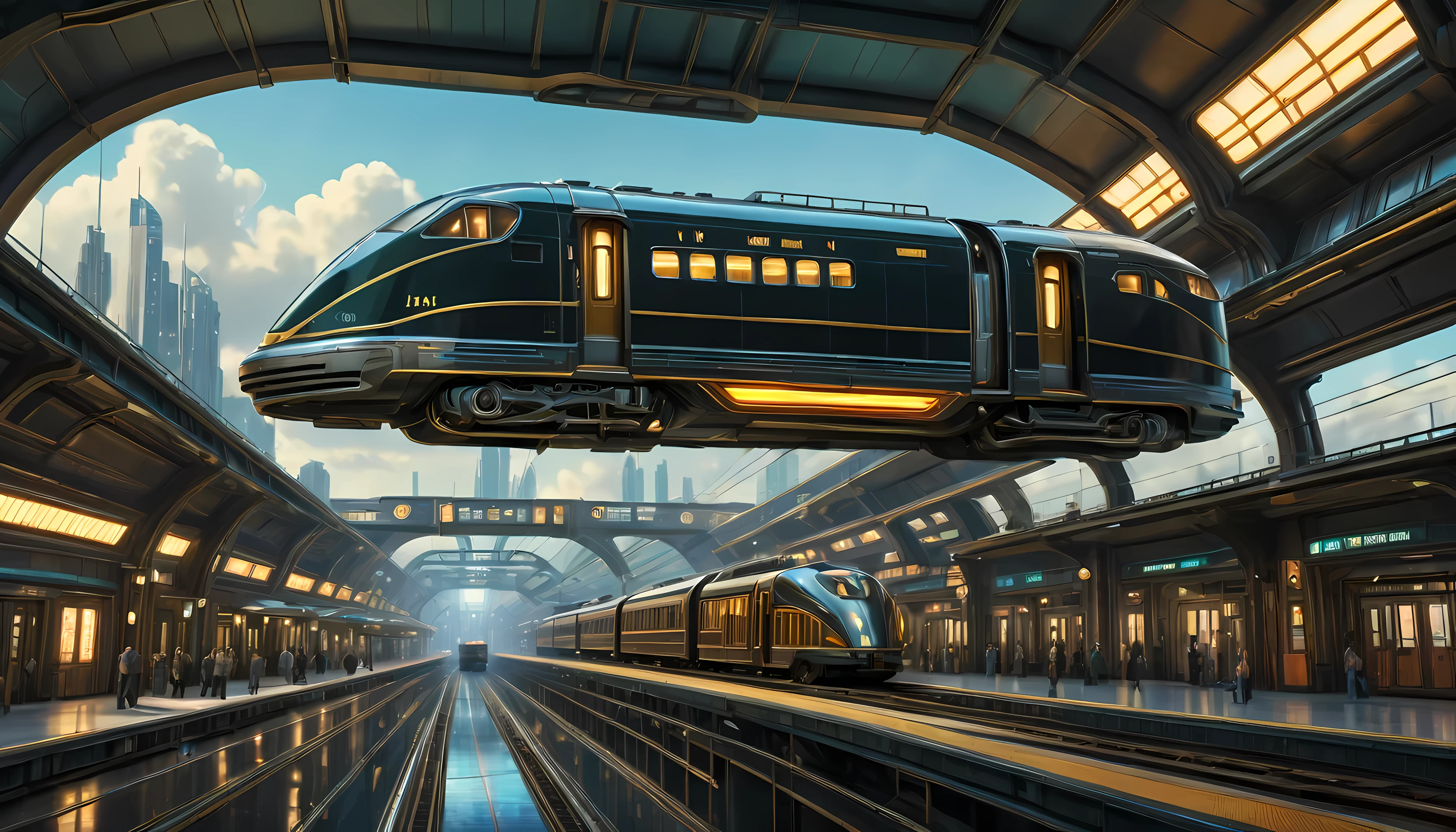 art deco style flying train, art deco style science fiction, background is floating train station.

(best quality,4k,8k,highres,masterpiece:1.2),ultra-detailed,(realistic,photorealistic,photo-realistic:1.37),HDR,UHD,studio lighting,ultra-fine painting,sharp focus,physically-based rendering,extreme detail description,professional,vivid colors,bokeh.