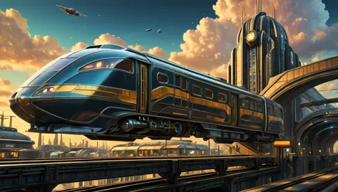 art deco style flying train, art deco style science fiction, background is floating train station.

(best quality,4k,8k,highres,...