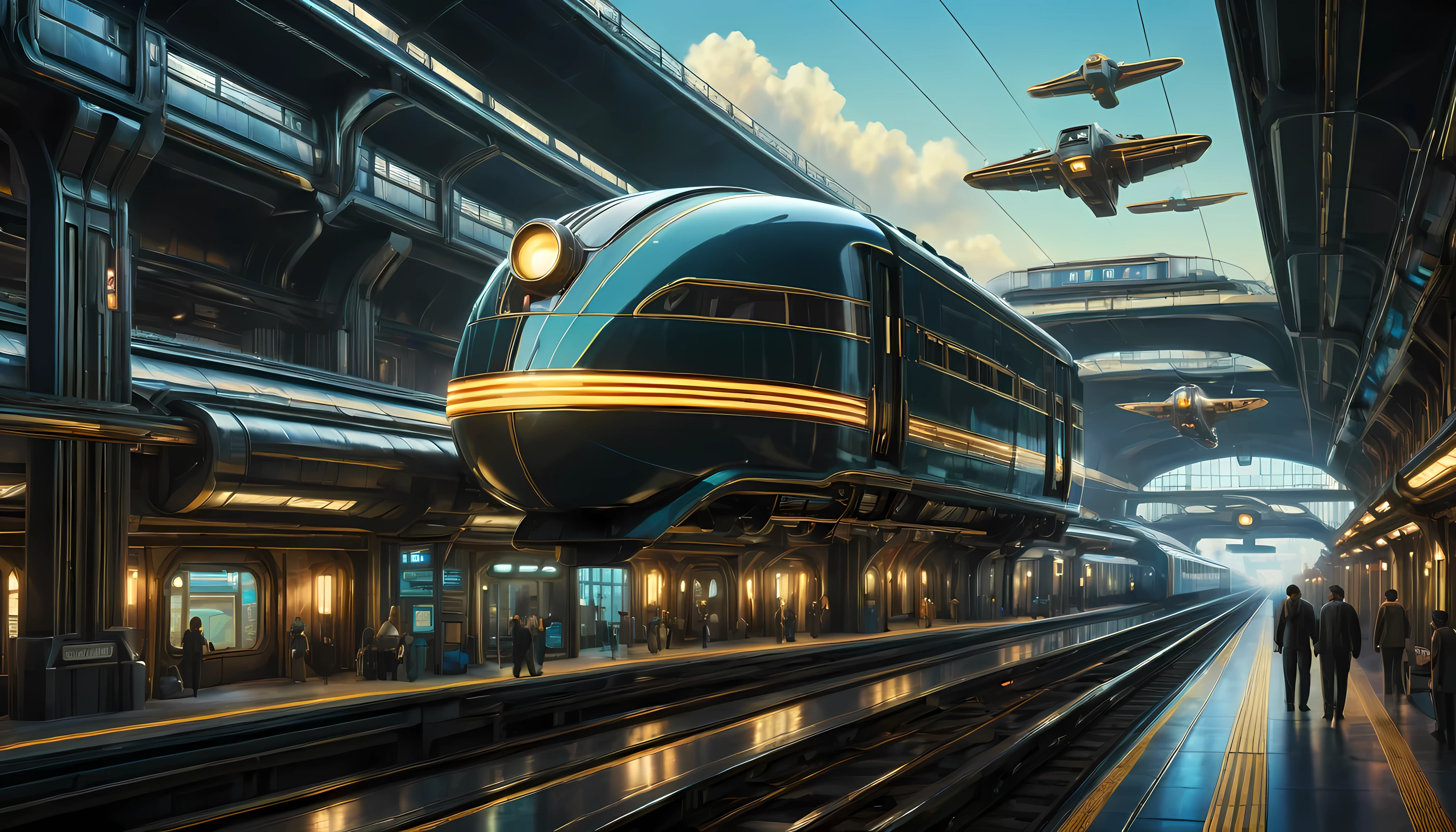 Летающий поезд в стиле арт-деко, научная фантастика в стиле арт-деко, фон — плавучий вокзал.

(Лучшее качество,4k,8К,Высокое разрешение,шедевр:1.2),ультрадетализированный,(реалистичный,photoреалистичный,photo-реалистичный:1.37),HDR,UHD,студийное освещение,сверхтонкая живопись,острый фокус,физически обоснованный рендеринг,очень подробное описание,Профессиональный,яркие цвета,боке.
