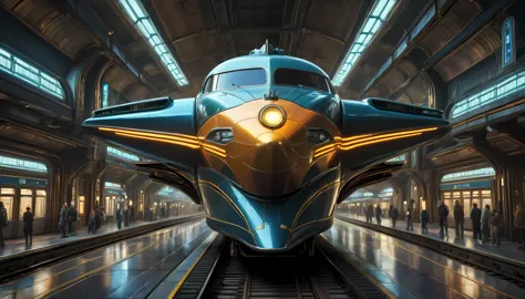 art deco style flying train, art deco style science fiction, background is floating train station.

(best quality,4k,8k,highres,...