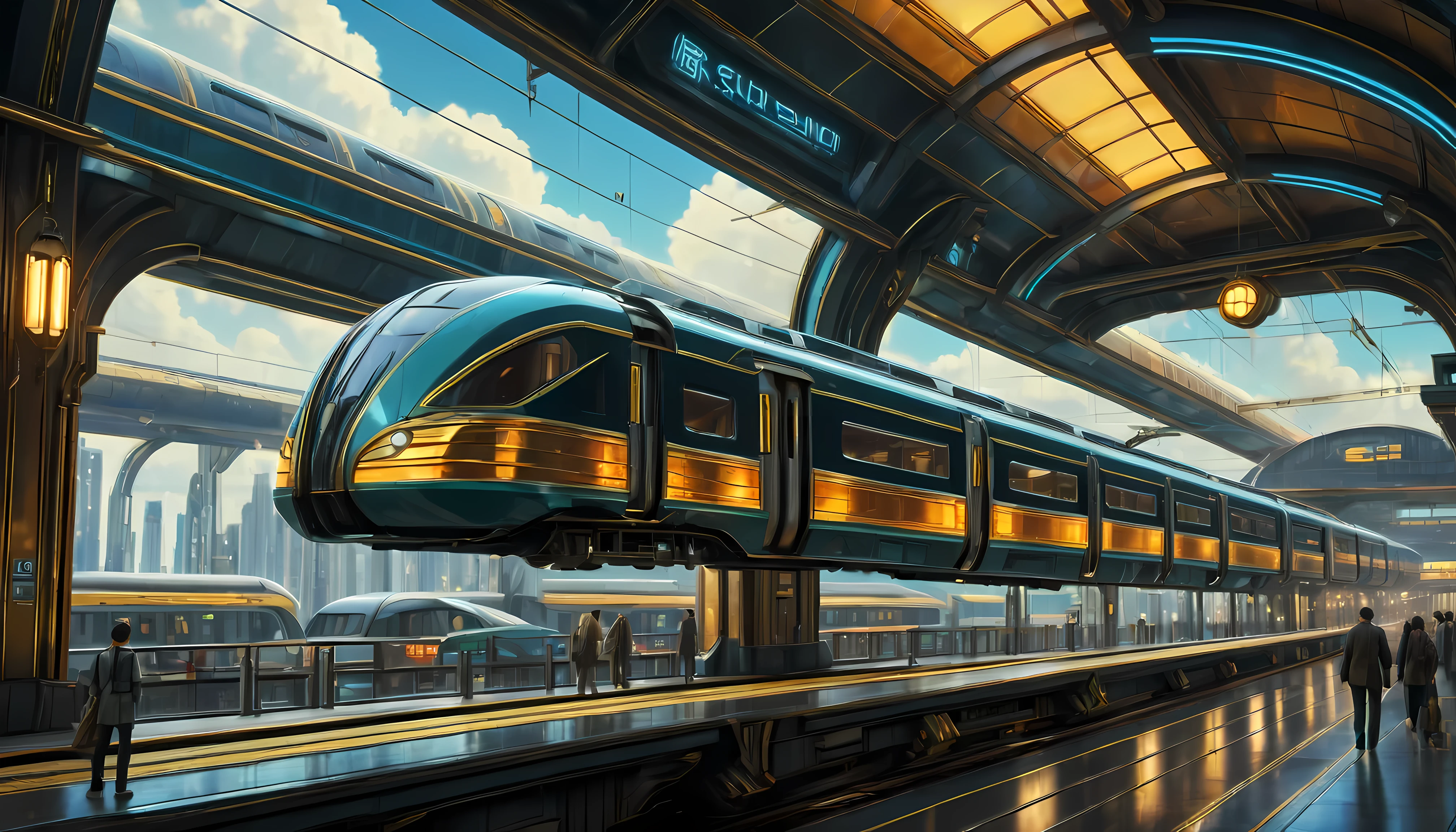 art deco style flying train, art deco style science fiction, background is floating train station.

(best quality,4k,8k,highres,masterpiece:1.2),ultra-detailed,(realistic,photorealistic,photo-realistic:1.37),HDR,UHD,studio lighting,ultra-fine painting,sharp focus,physically-based rendering,extreme detail description,professional,vivid colors,bokeh.