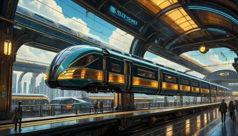 art deco style flying train, art deco style science fiction, background is floating train station.

(best quality,4k,8k,highres,...
