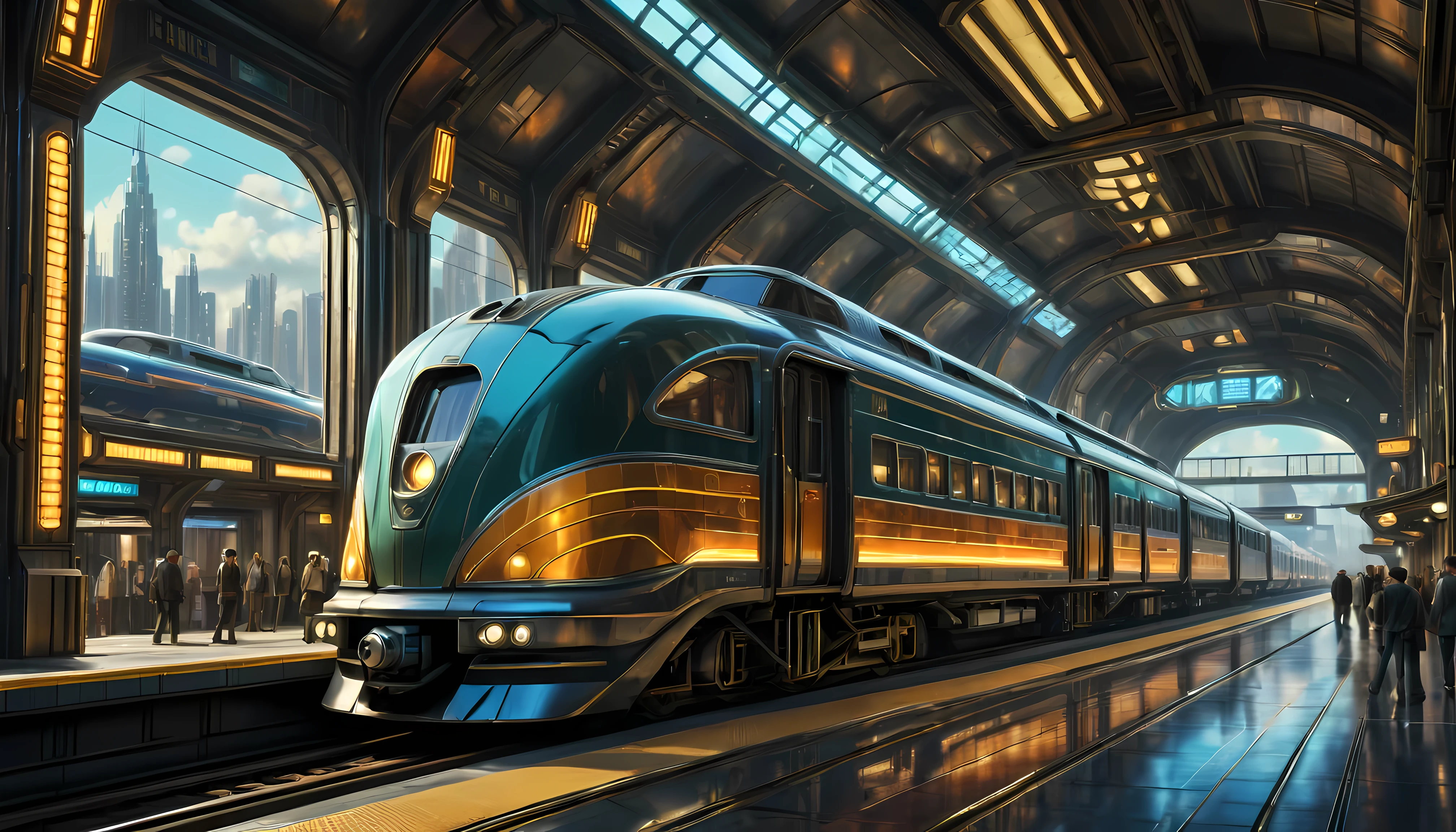 art deco style flying train, art deco style science fiction, background is floating train station.

(best quality,4k,8k,highres,masterpiece:1.2),ultra-detailed,(realistic,photorealistic,photo-realistic:1.37),HDR,UHD,studio lighting,ultra-fine painting,sharp focus,physically-based rendering,extreme detail description,professional,vivid colors,bokeh.