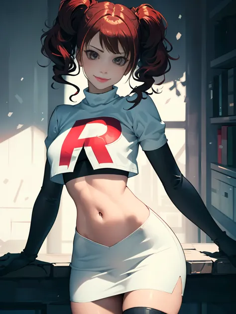 best quality,ultra-detailed,realistic,professional,Rise Kujikawa,portrait,glossy lips,evil smile,looking at viewer,cowboy shot,team rocket uniform,black elbow gloves,black thigh-high boots,white crop top,white skirt,red letter R,vivid colors,lively lightin...