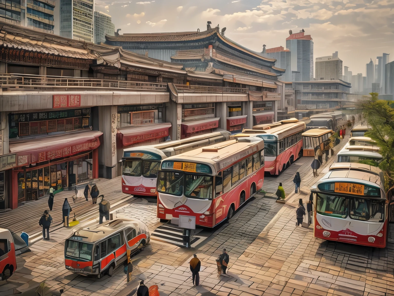 (最高品質,高解像度,非常に詳細な,実際の)，araffature of バスes parked in a parking lot with people walking around, バス station, バスes, バス, バス station exploded, ( ( ( バスes, 平壌 city, 北京, 平壌, public バス, 上海, 包頭中国, 深セン, ターミナル, テヘラン, 全景, ジンシャン, バスtling, ジュオシンエ