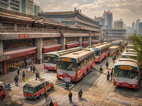 (best quality,high resolution,super detailed,actual)，araffature of buses parked in a parking lot with people walking around, bus...