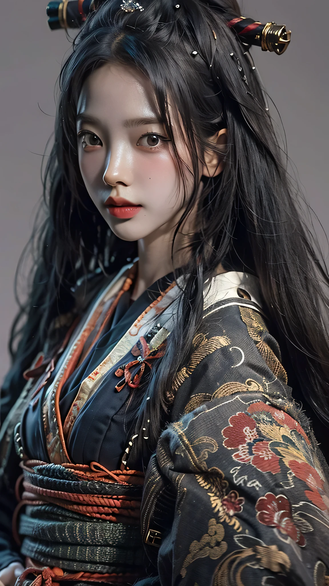 ((beste Qualität)), ((Meisterwerk)), (sehr detailliert:1.3), 3D, Schön, Samurai-Frau mit langen schwarzen Haaren, schwarze Kleidung, Blick in die Kamera, 8K, realistisch, ultra Meisterwerk, dynamischer Stil, dynamische Posen