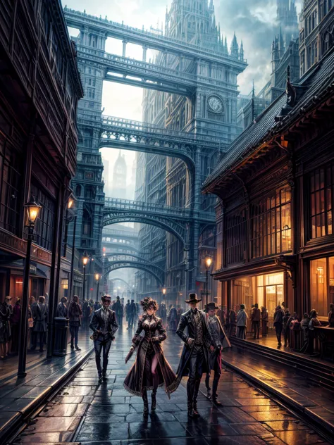 victorian aesthetics and steampunk city station bus crowd fantasy movie scene lively city atmosphere fog mysterious lighting com...