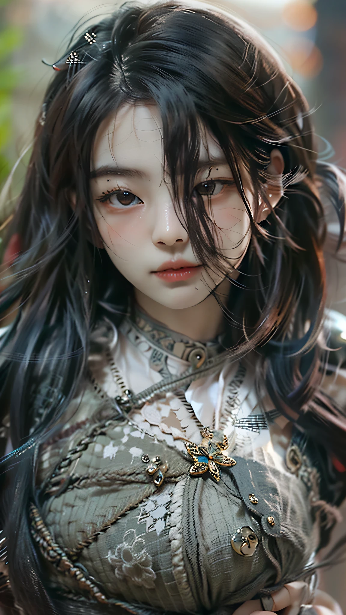 ((Best quality)), ((masterpiece)), (highly detailed:1.3), 3D, beautiful, samurai woman with long black hair, black clothes looking at camera, 8K, realistic, ultra masterpiece, dinamic style, dinamic pose