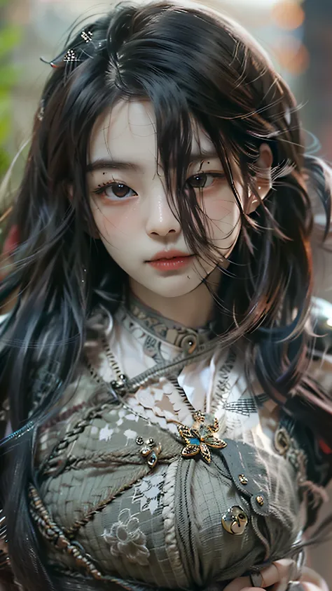 ((Best quality)), ((masterpiece)), (highly detailed:1.3), 3D, beautiful, samurai woman with long black hair, black clothes looki...