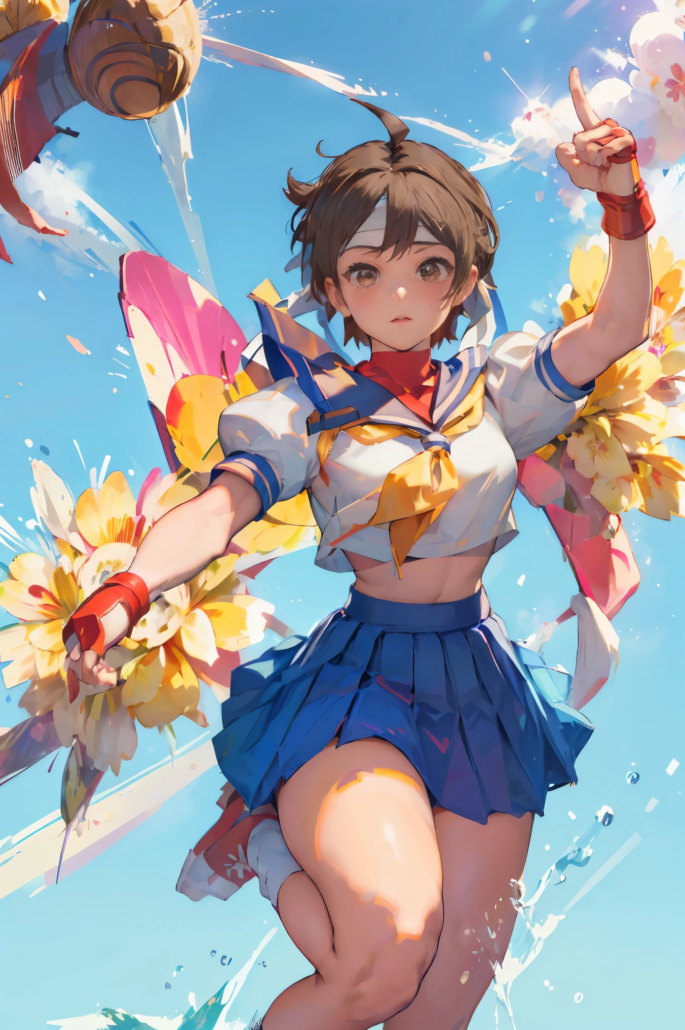 (masterpiece, best quality:1.1), 1girl solo,  kasugano sakura, brown eyes, brown hair, short hair, bangs, ahoge, headband, school uniform, puffy sleeves, crop top, yellow neckerchief, blue skirt, fingerless gloves, thighs, white socks, red footwear