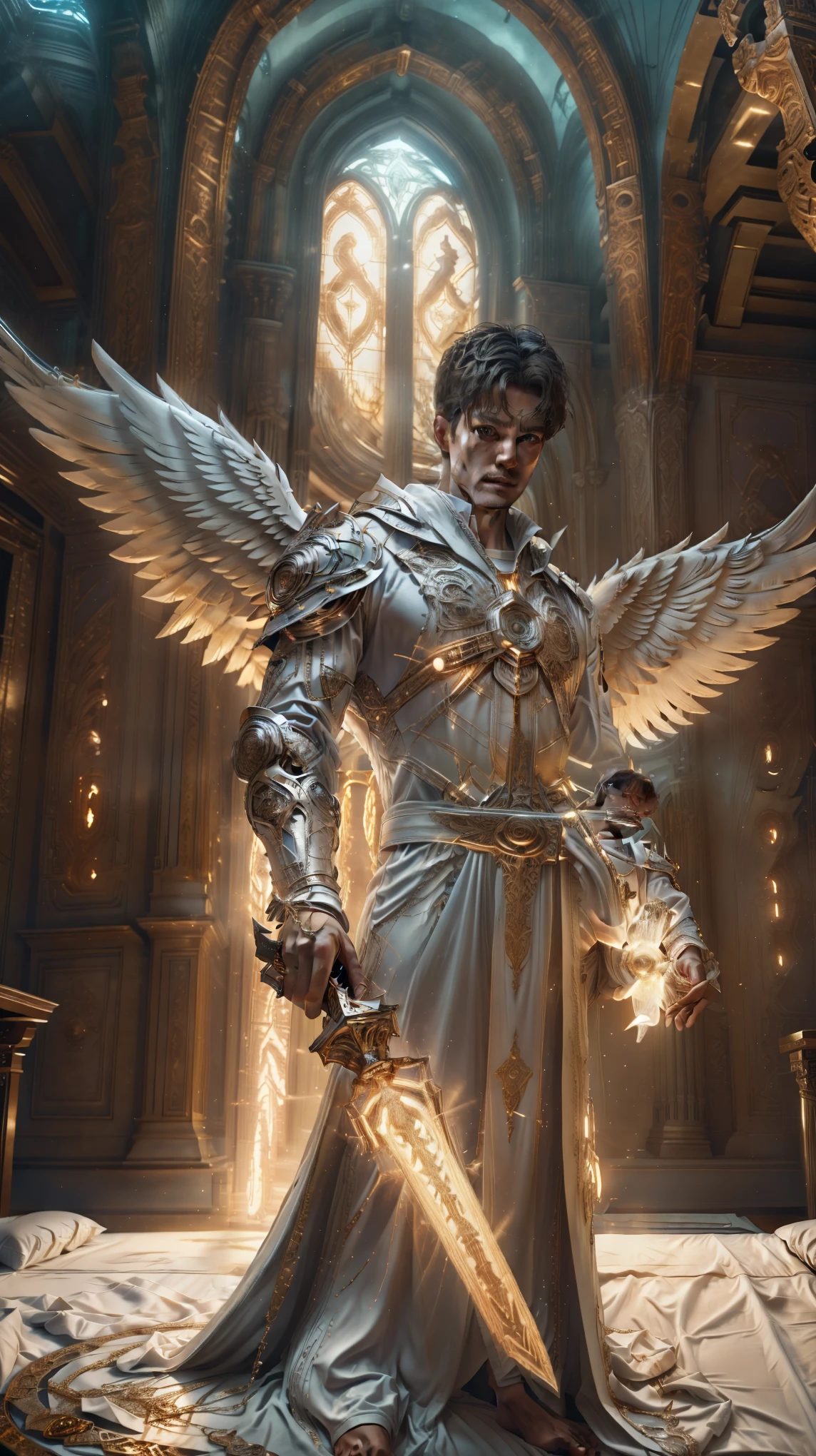 Archangel Michael another heavenly angels guard in the bedroom of a house, at night, side of someone's bed sleeping, angels standing next to each other, many angels, angels protecting family, large white wings, holding flaming sword, white robe, around heavenly flames, Jamie Dornan Archangel Michael, wearing short black beard, focus on the details of the face,  Coming out happy rays, serious and attractive man, wearing white robe, magical and real effect, movie cover, with magical light explosions, powerful celestial warrior, similar to actor Jamie Dornan, picture background inside a house in the bedroom, (8k, RAW photo, best quality, masterpiece: 1.2), (realistic, photorealistic: 1.37), professional lighting. Naked , big dick, erection, full frontal, Korean man, handsome Korean with white angel wings
