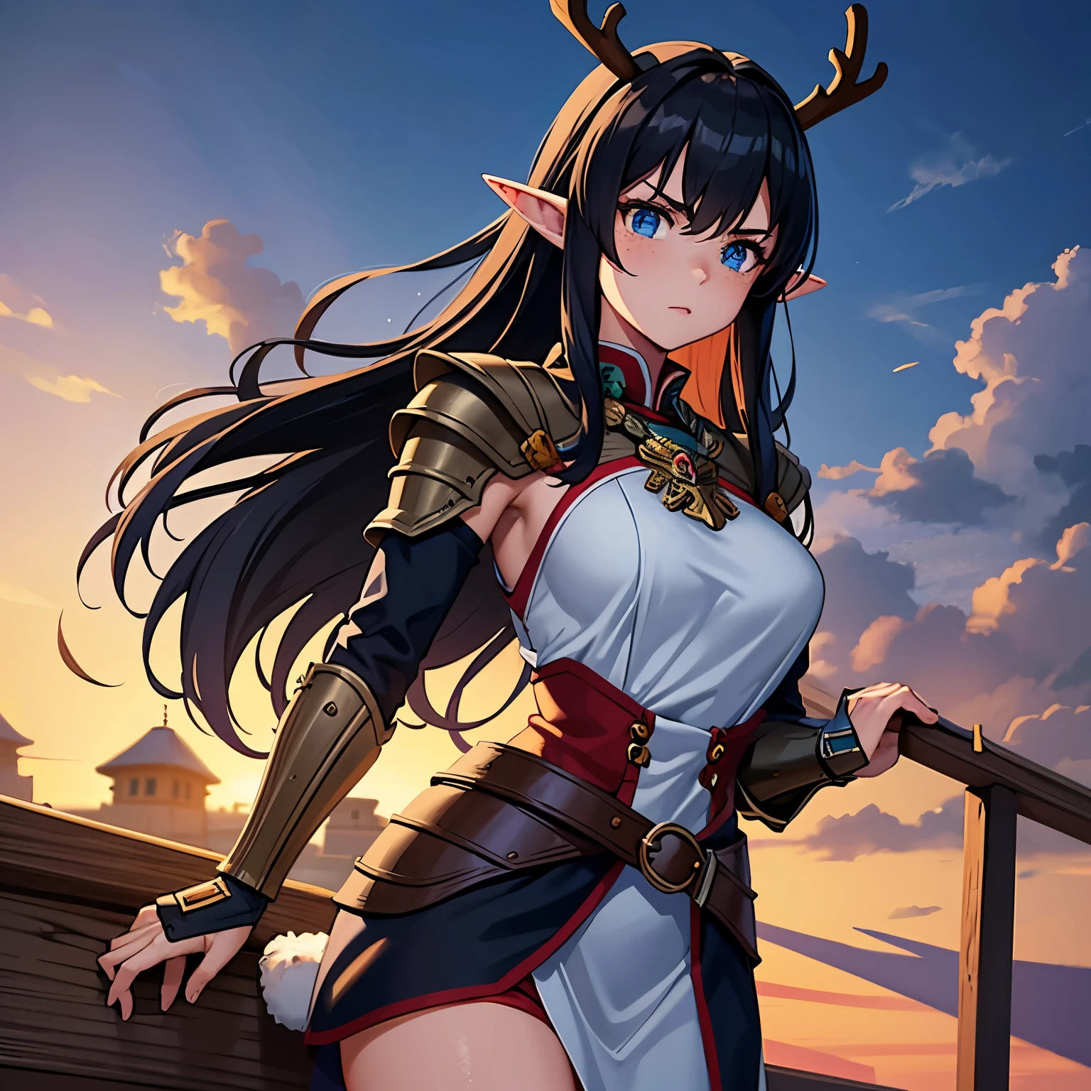 Masterpiece, Best Quality, Ultra-Detailed, 1girl, solo, black hair, blue eyes, freckles, pointy ears, elf ears, elf, ((wooden armor)), sleeveles armor, ((reindeers antlers:1.0)), looking at the viewer, serious expression, cowboy shot, ship deck background