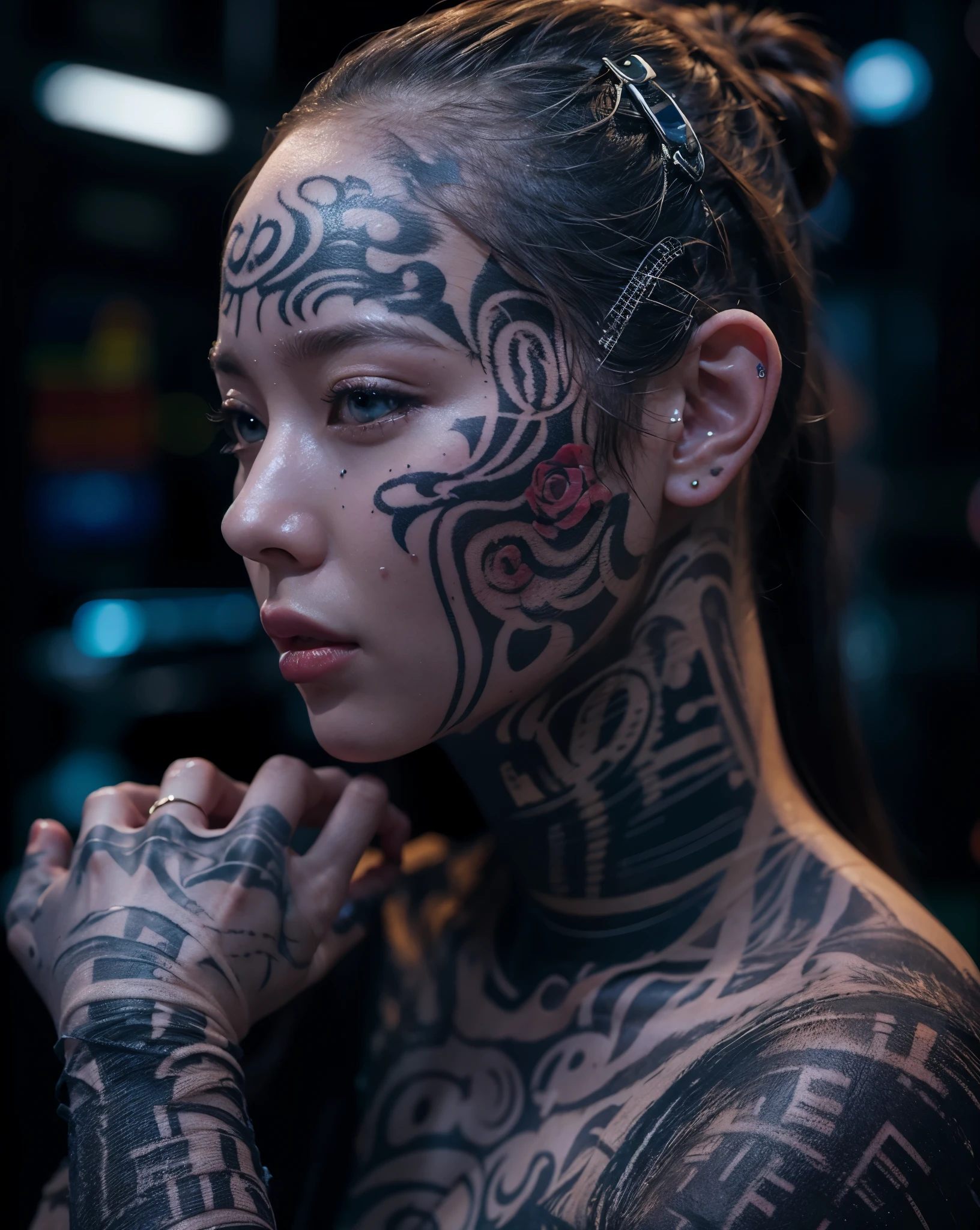 Una chica con tatuajes por todo el cuerpo, desde la cara hasta las puntas de los dedos.