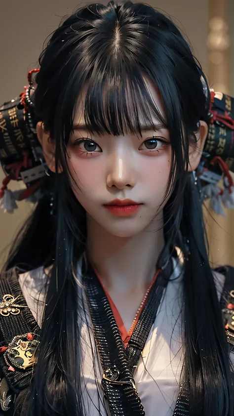 ((Best quality)), ((masterpiece)), (highly detailed:1.3), 3D, beautiful, samurai woman with long black hair, black clothes looki...