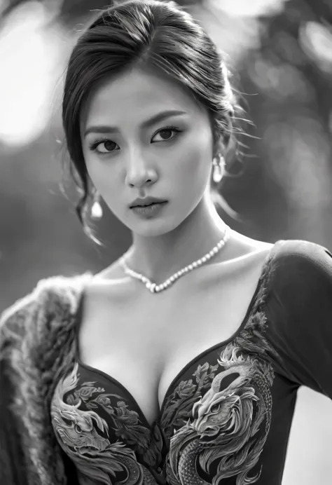 hdr, uhd, 64k, polychromatic portrait of an attractive single asian girl, medium-sized breasts and juicy cleavage, anatomically ...