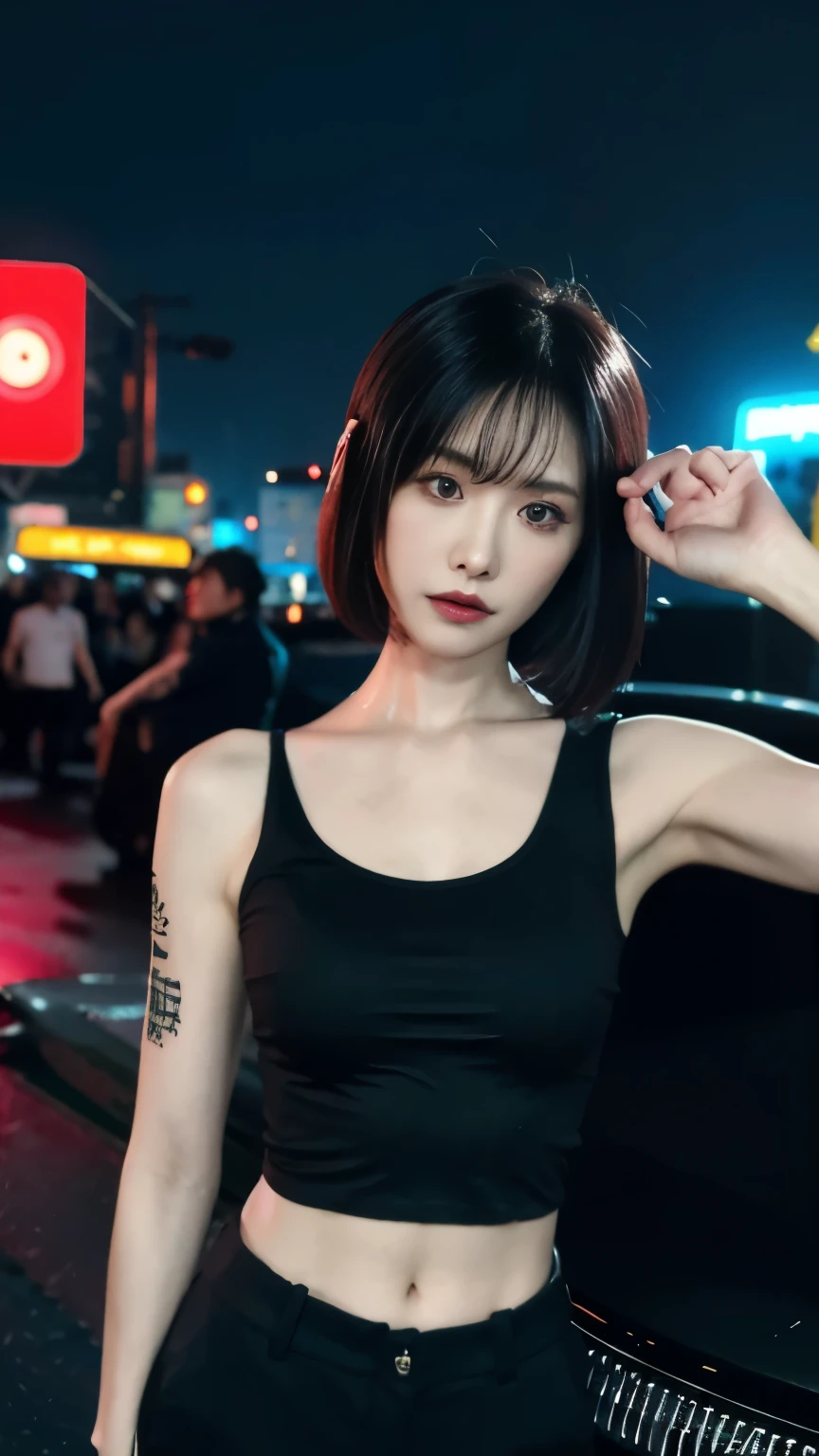 (highest quality)，masterpiece，Super detailed，8K, UHD，Beautiful woman，japanese woman，No expression，whole body，((tattoo))，slim，black slacks，white tank top，(female mafia)，gangster，(cyberpunk city)，night，cinematic lightening，underworld