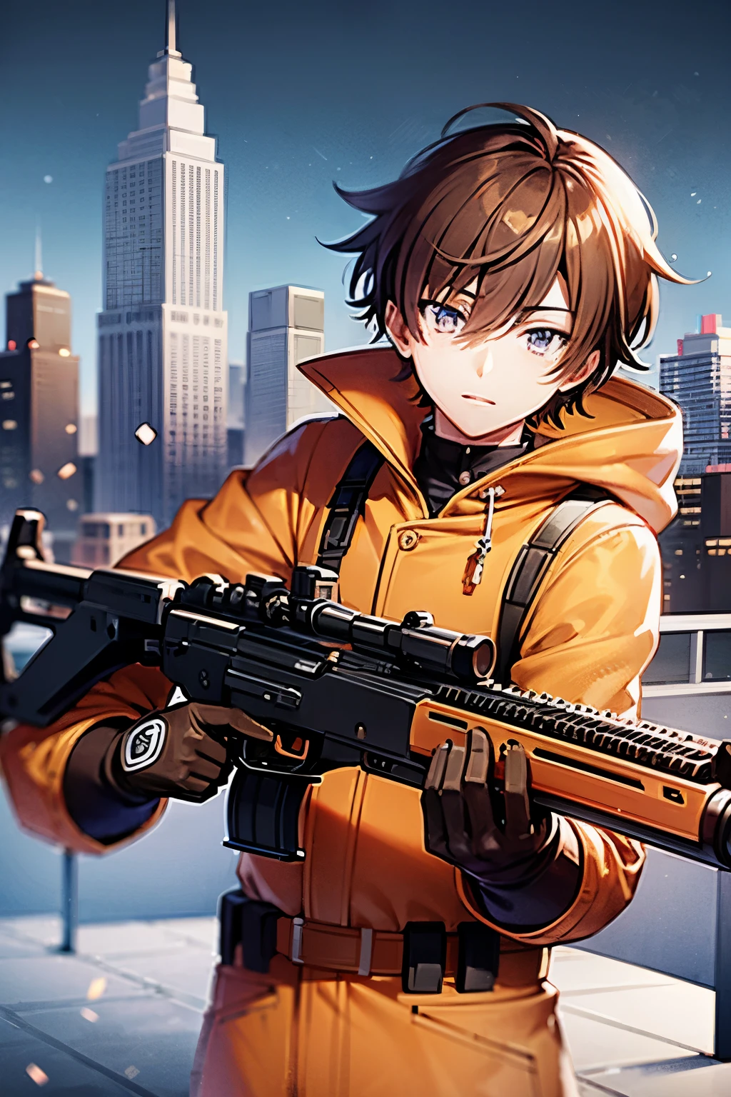 animé, animé style, style de destin, un jeune homme, manteau orange, fusil avec acog, se mettre à couvert, dans une fusillade, cheveux bruns, yeux bleus, Ville enneigée, chef-d&#39;œuvre
