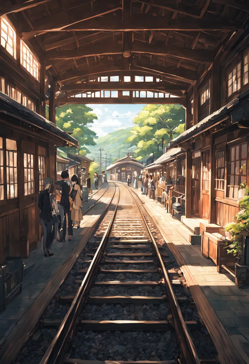 Japanese style wooden station railway train traveler japanese country station、Scene crowd best quality beautiful anime scenes, T...