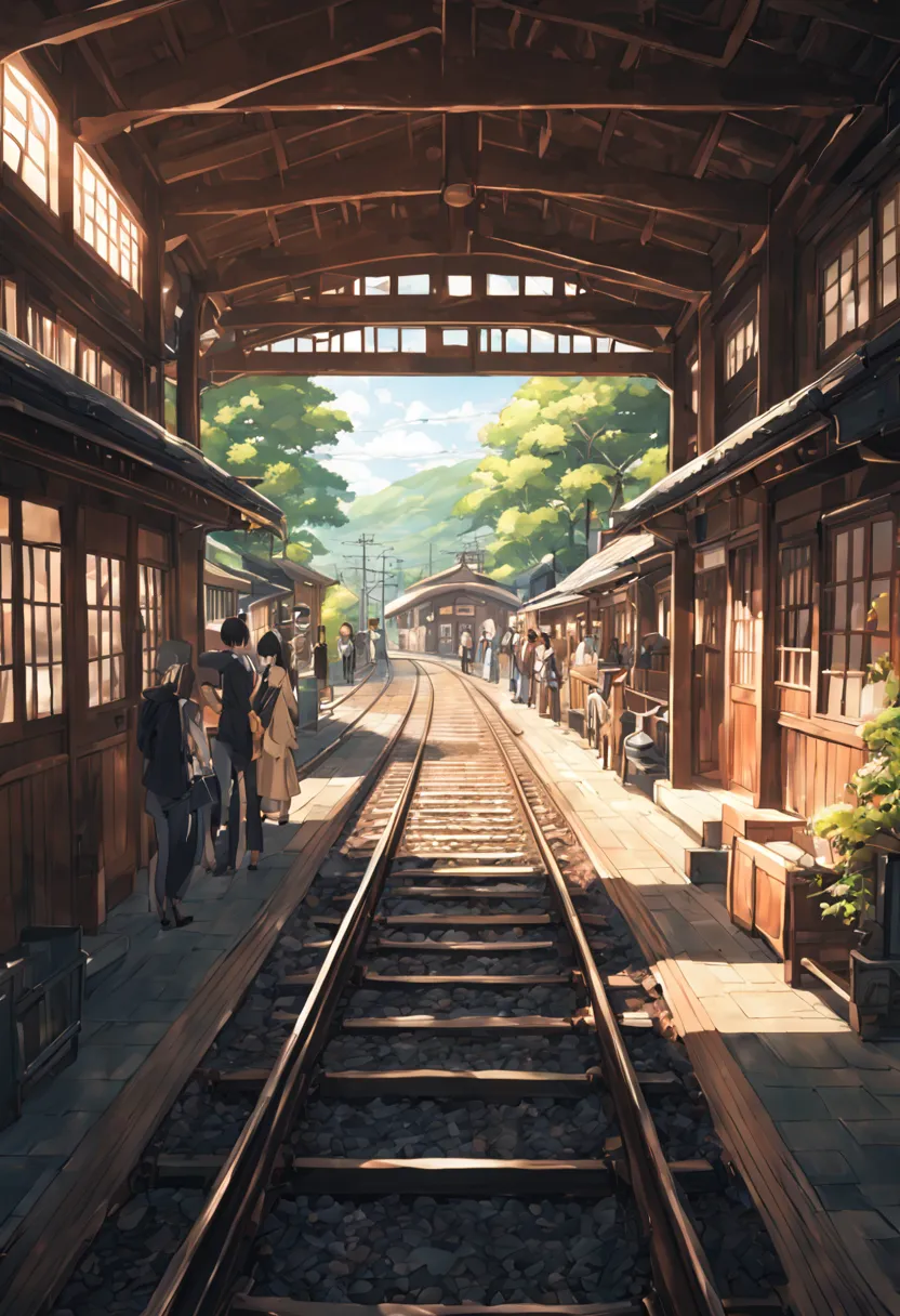 japanese style wooden station railway train traveler japanese country station、scene crowd best quality beautiful anime scenes, t...