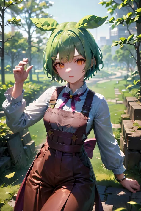 high quality, (figure:1.2), (super detailed), dark green hair,eyes are yellow,white shirt,green overalls,Rose, hairpin, outdoors...