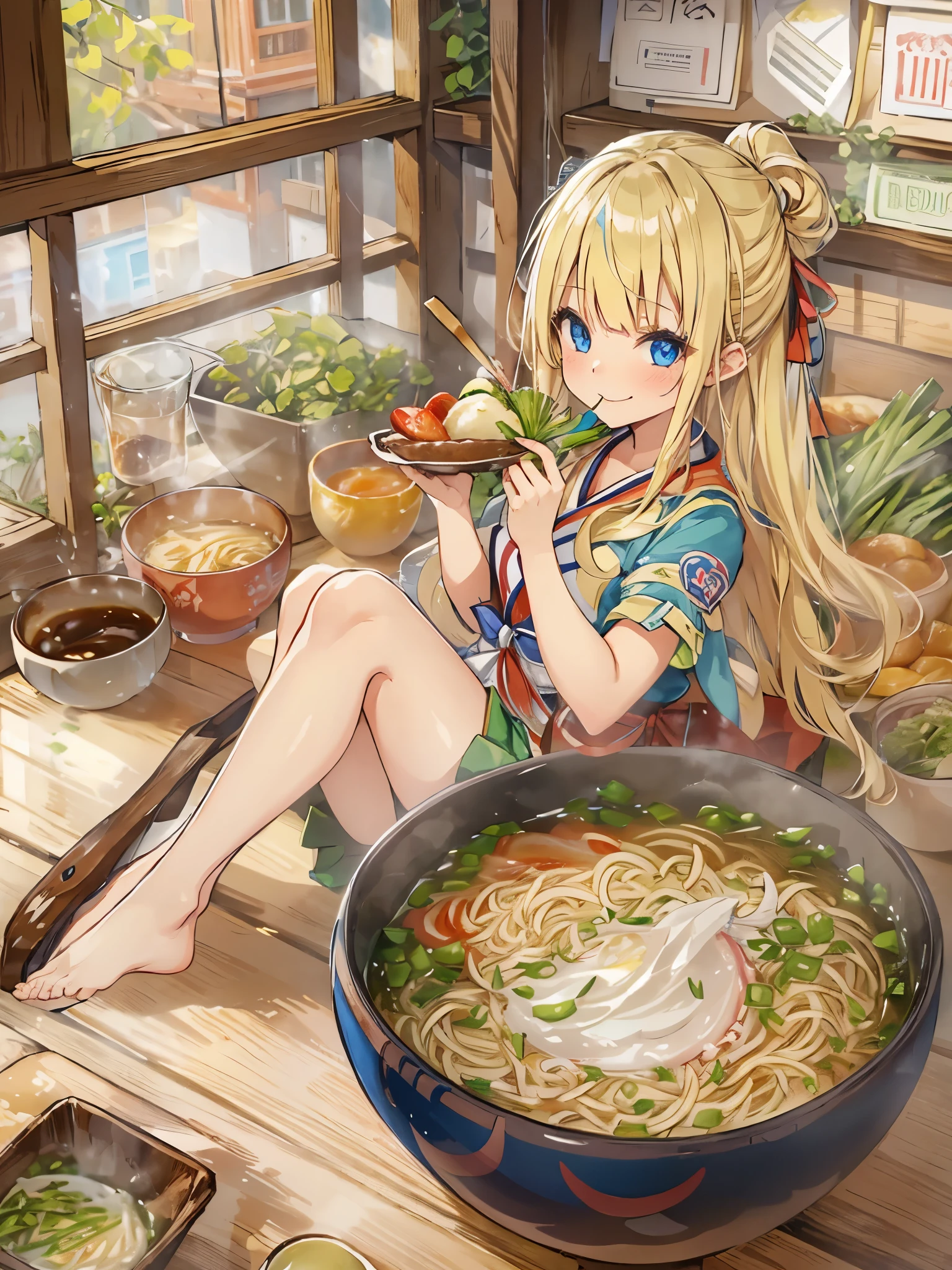 1girl,Allein,Blaue Augen,blonde Haare,vorne geflochten,Smile,Full body,Schenkel,medium breasts,traditionelle japanische Kleidung,minigirl, in Lebensmitteln,in the container,in a ramen bowl,Suppe, Ramen, Nudeln,Ei,Fleisch,Spring onion,teilweise untergetaucht,Sweet,Dampf,japanischer Hintergrund,keine Schuhe,eating from the bowl with chopsticks