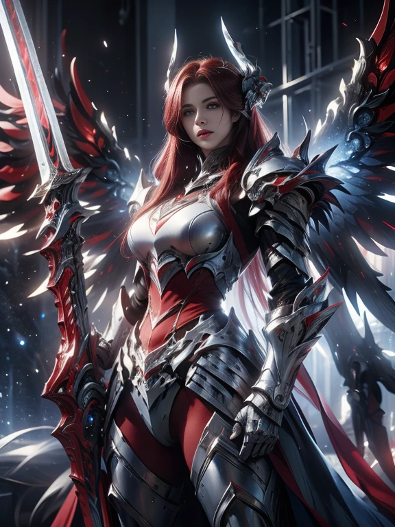 Character design, 1 girl,, slim body, medium chest, skinny waist, ((long deep red hair)). blue eyes. (((blue fantasy a female knight in a blue full armor))), (((big pauldrons, intricate details))), (((large armor wings))), (((advanced weapon fantasy plasma sword in right hand))), (standing), plain gray background, masterpiece, HD high quality, 8K ultra high definition, ultra definition,