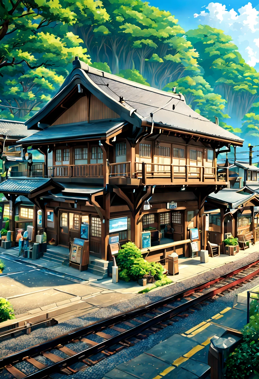 Traveler Japanese wooden station appearance building railway train Traveler Japanese country station、Scene crowd best quality beautiful anime scenes, The perfect composition and beautiful texture of anime scenery