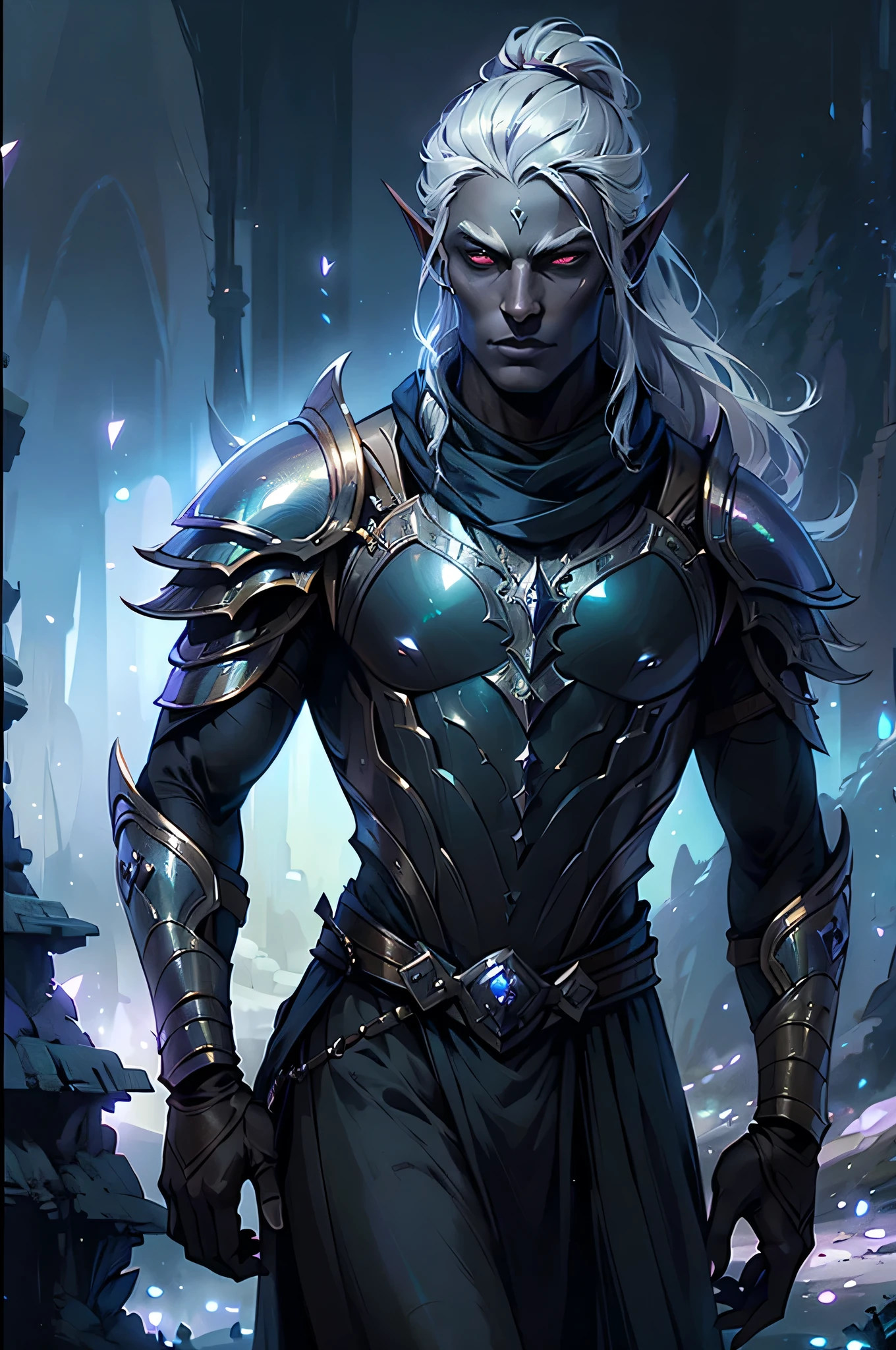 solo, ((1 boy)), dark elf, handsome, Drow commander Torezhka, long pointy ears, charcoal dark skin/ grey skin, long hair, topknot, silvery-white hair, fiery-red eyes, shiny eyes, upturn eyes, upturn brows, athletic build, anatomically correct male, BREAK, Attire: Male Drow style, black iridescent armor, headband, magical katana: (iridescent obsidian blade), BREAK, Area setting: realistic style, fairytaleAI, Vast subterranean cavern with city, large bioluminescent mushrooms, giant crystals, florescent rock formations, BREAK, ((masterpiece, best quality)), ((absurdres)),(extremely detailed CG unity 8k wallpaper), realistic style, dark fantasy style, cowboy view, (centered, Scale to fit dimensions, Rule of thirds), Fighting Stance, cinematic lighting, soft lighting