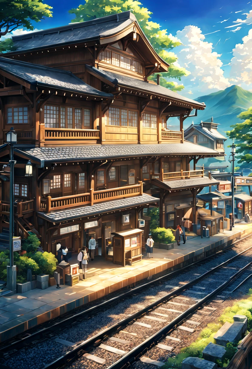 Traveler Japanese wooden station appearance building railway train Traveler Japanese country station、Scene crowd best quality beautiful anime scenes, The perfect composition and beautiful texture of anime scenery