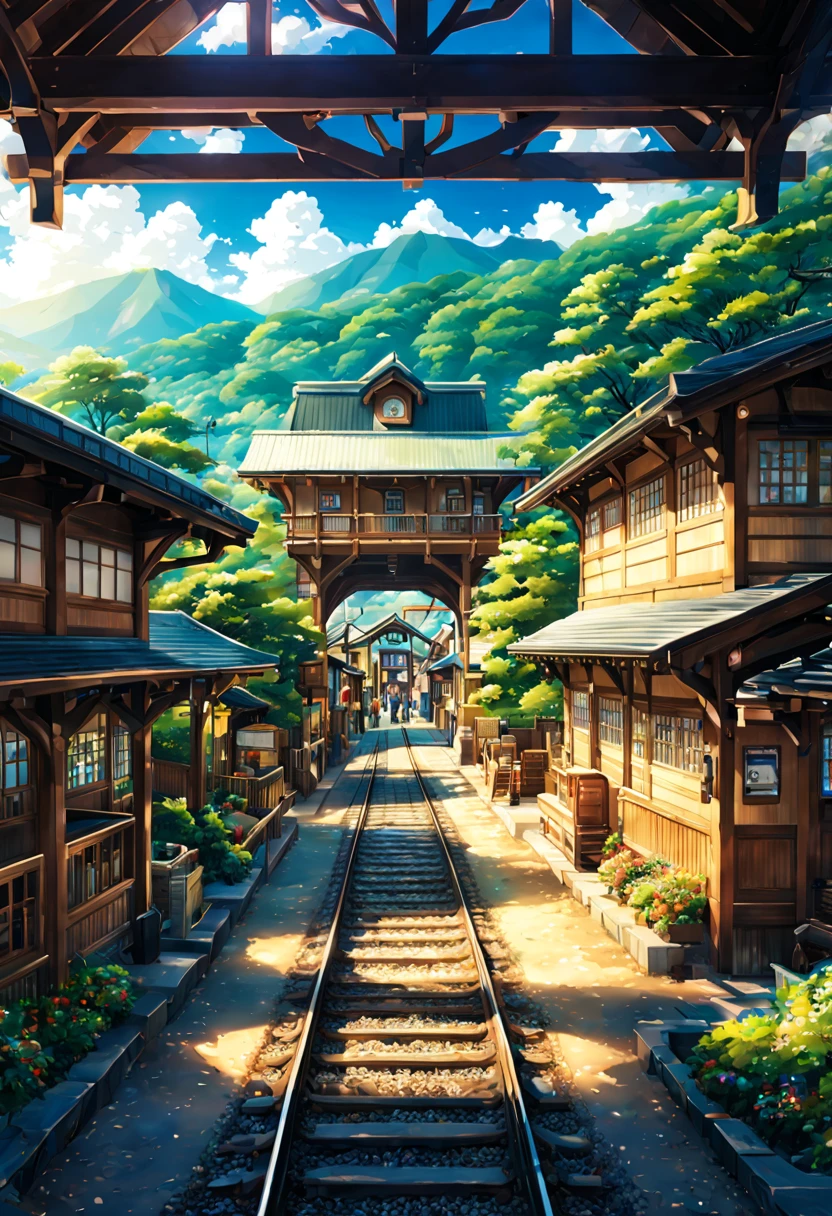 Traveler Japanese wooden station appearance building railway train Traveler Japanese country station、Scene crowd best quality beautiful anime scenes, The perfect composition and beautiful texture of anime scenery