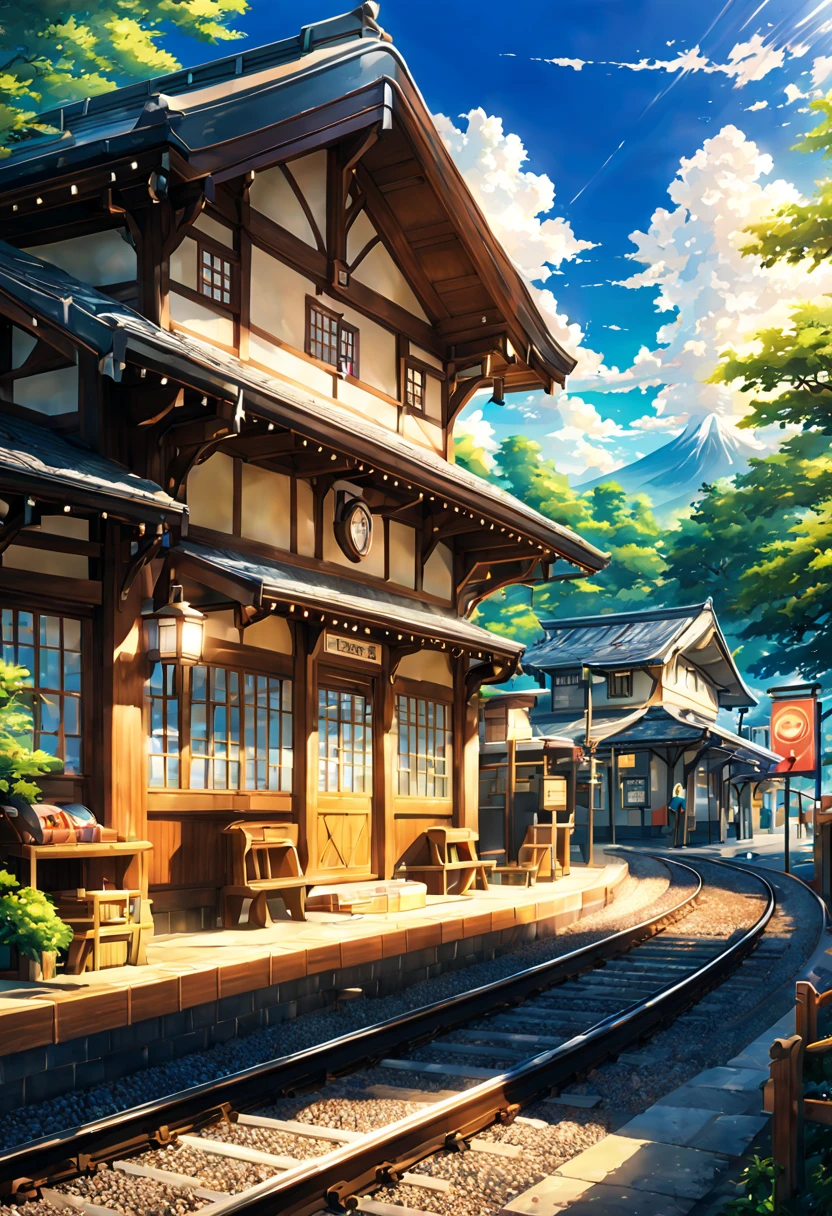 Reisender japanischer hölzerner Bahnhof Aussehen Gebäude Eisenbahn Zug Reisender japanischer Landbahnhof、Szene Menge beste Qualität schöne Anime-Szenen, Die perfekte Komposition und die wunderschöne Textur der Anime-Landschaft