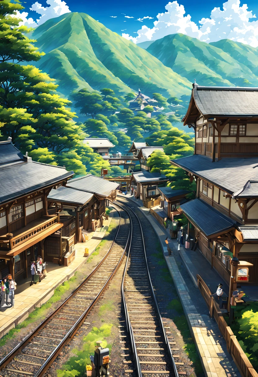 Traveler Japanese wooden station appearance building railway train Traveler Japanese country station、Scene crowd best quality beautiful anime scenes, The perfect composition and beautiful texture of anime scenery