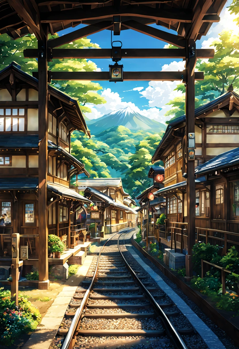 Voyageur japonais gare en bois aspect bâtiment chemin de fer train Voyageur pays japonais gare、Scène foule meilleure qualité belles scènes d&#39;anime, La composition parfaite et la belle texture du paysage animé