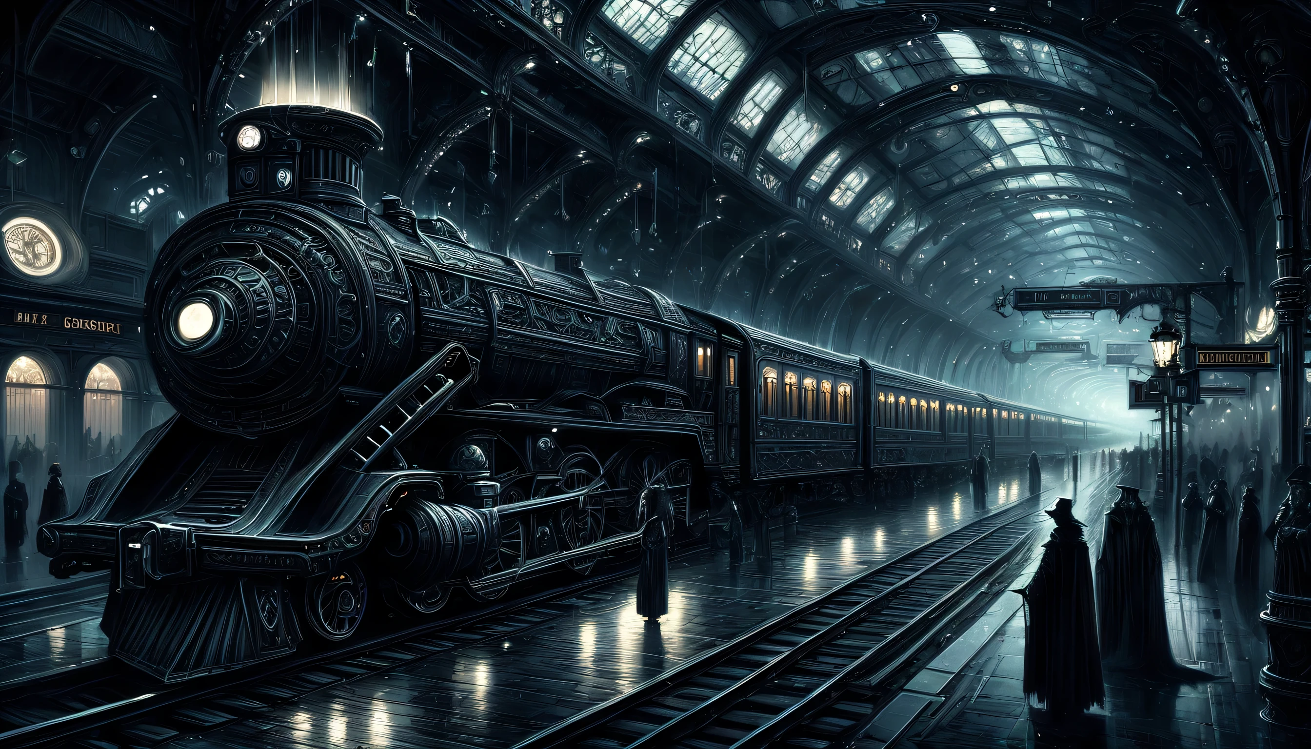 (((Dark fantasy at the station:1.3))), (((matte paint illustration:1.4))), amazingly detailed oil painting, digital oil painting, high quality gouache painting, Traditional Veteran Fantastic Wolf, gothic dark style essence, eyes hidden in the shadows, exquisite matte black, snowflakes are like rain, powerful step, from side shot, long shot train, matte paint, deep dark brown, dark fantasy glow graffiti, complex grunge, small brush strokes, perfect wolf, Background details of a dream you won&#39;t wake up from, Background drawing nightmarish reality, absurd solution, Tonal contrast and shadow drawing, high contrast line. (((大きなDark fantasy at the stationプロジェクト:1.3))), (((dark emperor train and station illustration:1.3))), Wonderful station with Rococo design, This station uses lamps instead of lights to create a magical atmosphere., A stunning ticket gate that combines futurism and rococo, (Details of the Dark Emperor train stop in the center back:1.1), Rococo style analog clock tower, (((matte paint illustration:1.4))), (((How to draw beautiful thin lines:1.3))), (((Masterpieces of beauty:1.3))), interstellar science, rich and vibrant colors, (((Elaborate train translucent fantasy:1.3))), Coating bright colors with dark shadows, Design that appeals to philosophy, Inspired by famous artists, Inspired by game illustrators, cinematic angle, intricate details, matte color contrast, (Beautiful detail shine:1.2),