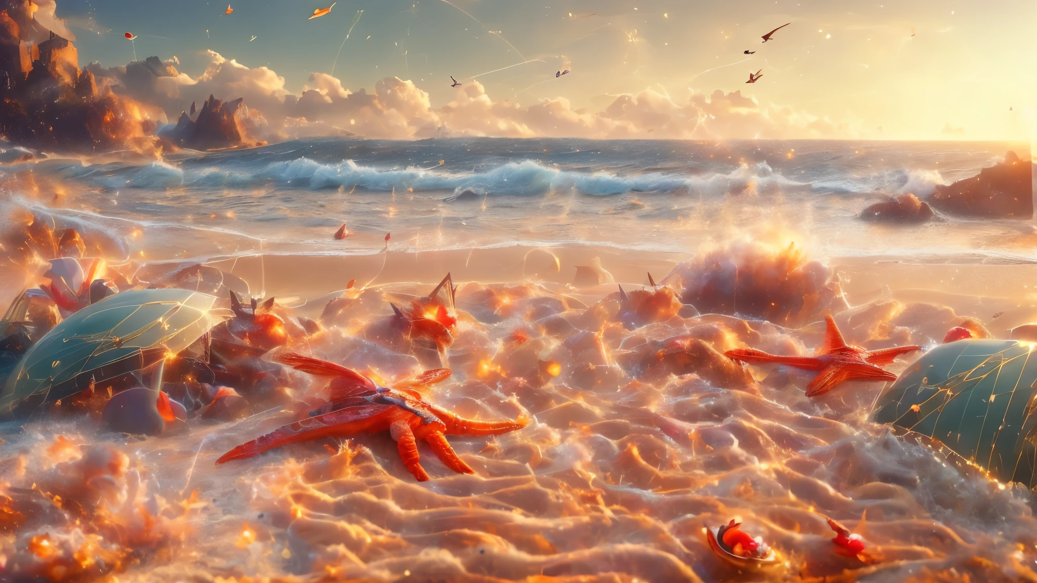 Masterpiece, best quality, 8k, panoramic view, magical scenery, outdoors, day, Beach, Sand that looks like a golden carpet. Sky, cloud, day, without humans, soft sound, waves, Starfish, chatty crabs, noisy seagulls, which filled the environment with their animation.