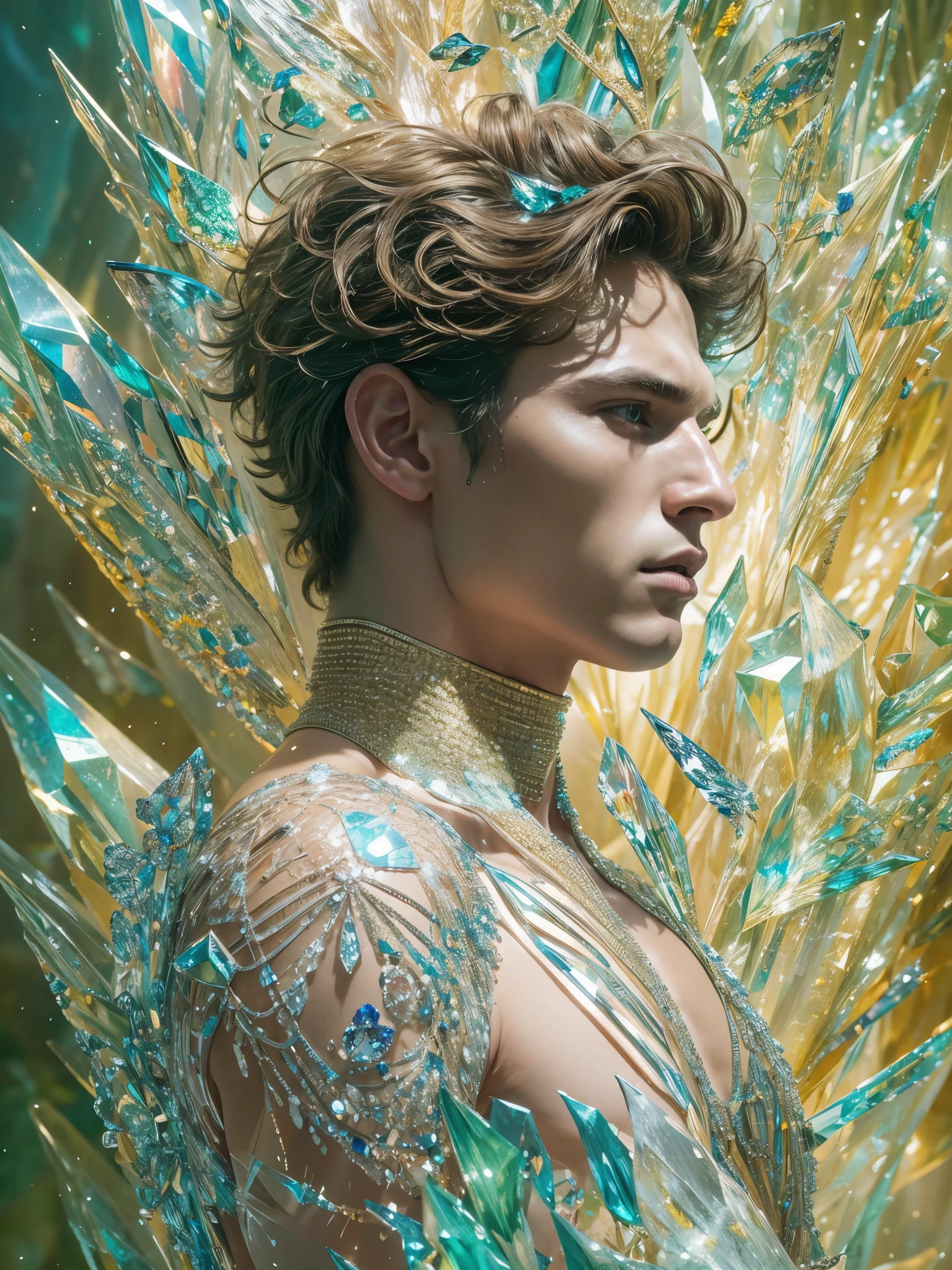 (photorealistic, masterpiece, best quality, highres, highly detailed), a young and handsome man posing nude surrounded by crystal, personification of crystal as a man, 18-year-old man, vibrant colors, realistic lighting, sparkling reflections, radiant and transparent skin, chiseled physique, intense gaze, striking features, well-defined jawline, tousled hair, confident and relaxed posture, artistic composition, elegant and graceful pose, captivating and alluring expression, the man's body covered with delicate and intricate crystals, creating a mesmerizing and ethereal effect, immaculate attention to detail, flawless rendering of textures, harmonious blend of realism and fantasy, incredible depth and dimension, attention-grabbing contrast between the smoothness of the man's skin and the texture of the crystals, seamless integration of the human form with the crystal surroundings, evoking a sense of grace, beauty, and mystery, powerful symbolism of purity and strength embodied by the crystal elements, expert use of shadows and highlights to enhance the three-dimensional quality of the image, masterful use of color to create a dreamlike atmosphere, refined and subtle nuances of light and shade, creating a visually stunning and emotionally impactful scene, exquisite craftsmanship and skillful execution, capturing the essence of both the human form and the ethereal beauty of crystals, creating an unforgettable and awe-inspiring visual experience.