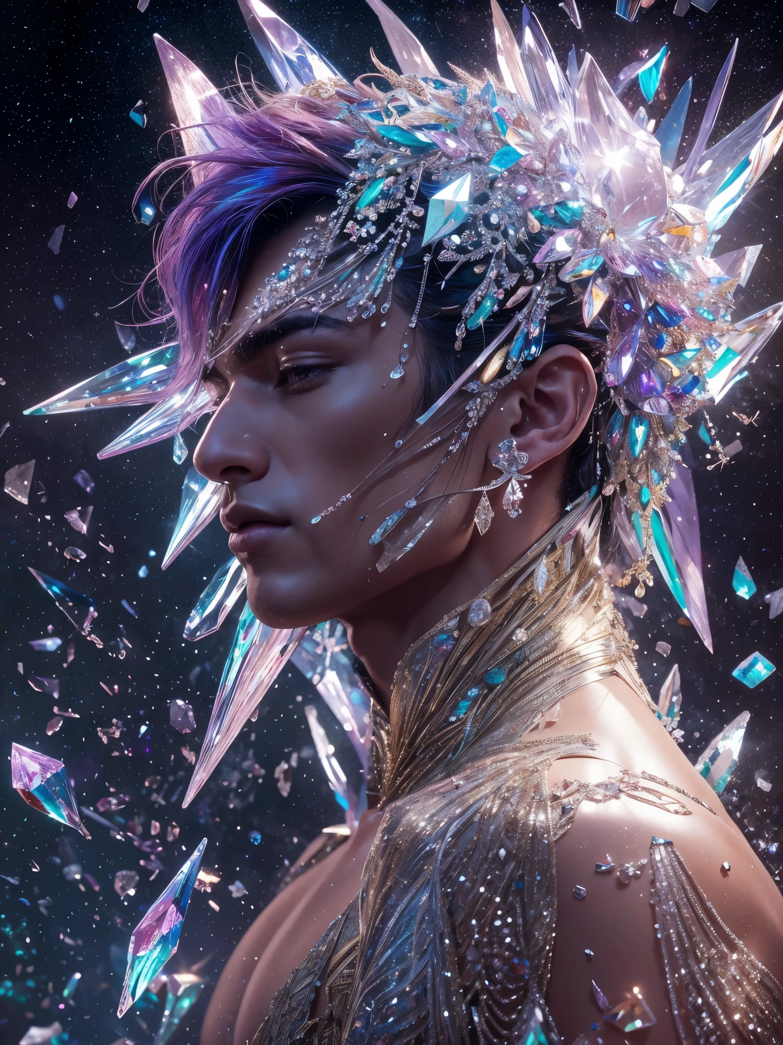 (photorealistic, masterpiece, best quality, highres, highly detailed), a young and handsome man posing nude surrounded by crystal, personification of crystal as a man, 18-year-old man, vibrant colors, realistic lighting, sparkling reflections, radiant and transparent skin, chiseled physique, intense gaze, striking features, well-defined jawline, tousled hair, confident and relaxed posture, artistic composition, elegant and graceful pose, captivating and alluring expression, the man's body covered with delicate and intricate crystals, creating a mesmerizing and ethereal effect, immaculate attention to detail, flawless rendering of textures, harmonious blend of realism and fantasy, incredible depth and dimension, attention-grabbing contrast between the smoothness of the man's skin and the texture of the crystals, seamless integration of the human form with the crystal surroundings, evoking a sense of grace, beauty, and mystery, powerful symbolism of purity and strength embodied by the crystal elements, expert use of shadows and highlights to enhance the three-dimensional quality of the image, masterful use of color to create a dreamlike atmosphere, refined and subtle nuances of light and shade, creating a visually stunning and emotionally impactful scene, exquisite craftsmanship and skillful execution, capturing the essence of both the human form and the ethereal beauty of crystals, creating an unforgettable and awe-inspiring visual experience.