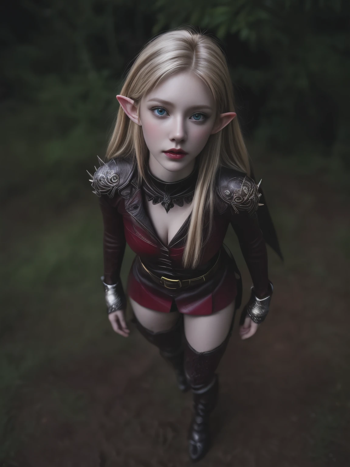 Analog photo, (Best quality:1.4), (ultra detailed:1.4), full body shot of pale blonde woman, intense red eyes, elf ranger, black spiked outfit, demonic, hell, living dead, cute sexy, (detailed face, detailed eyes), (Photorealistic:1.4), (film grain, depth of field)