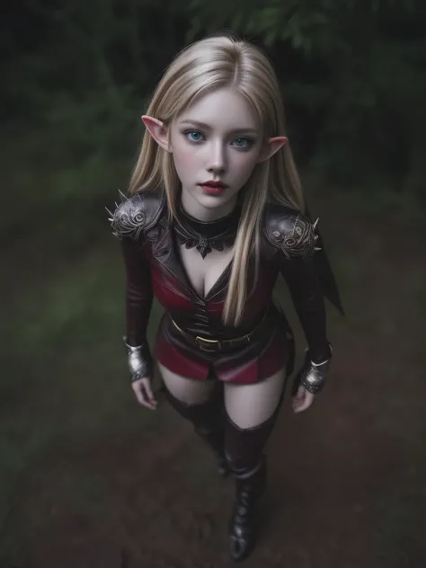 Analog photo, (Best quality:1.4), (ultra detailed:1.4), full body shot of pale blonde woman, intense red eyes, elf ranger, black...