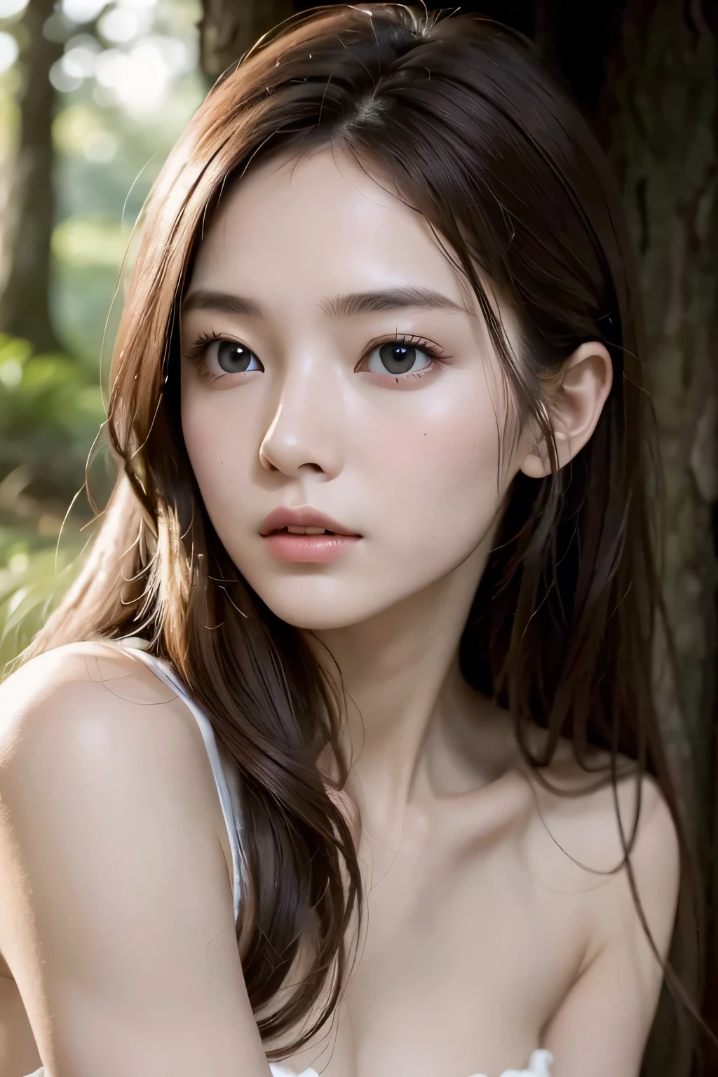 ８ｋ、High resolution、Beautiful woman of primitive times、young、white skin,、narrow eyes,high nose,lighting that illuminates the face、clear image、intellectual beauty、skinny、no makeup、The expression you show to your lover,shining hair、single eyelid,、vivid pose、looking at camera、relax on vacation、first inhabited country、Primeval forest、Hunting life、