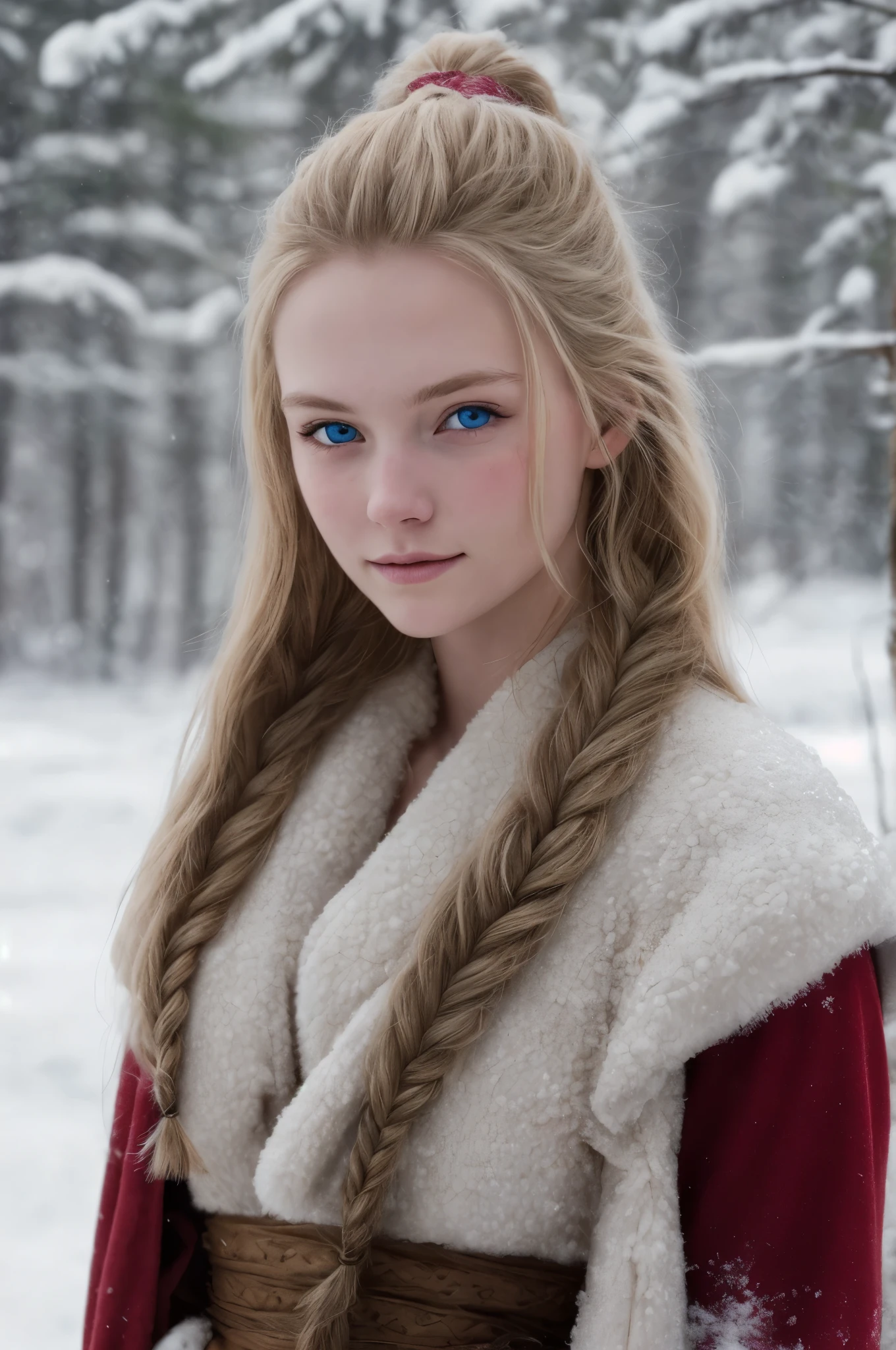 (实际的:1.2), 模拟摄影风格, 斯堪的纳维亚女战士, 绝美雪景, 金色辫子头发, 全身, 柔和的自然光, 可爱又性感, 喜悦, 细致的脸部和蓝眼睛, 素晴らしい质量, 杰作, 详细的北方背景, 质量: 16千, RAW 照片