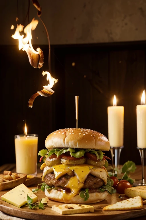 Créez une image d'un délicieux hamburger juteux avec une tranche de fromage fondu et des oignons croustillants.