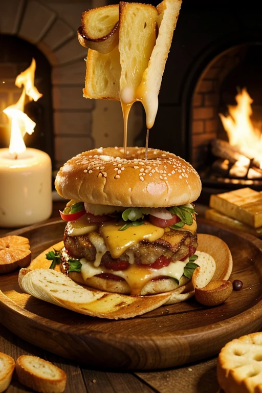 Créez une image d'un délicieux hamburger juteux avec une tranche de fromage fondu et des oignons croustillants.
