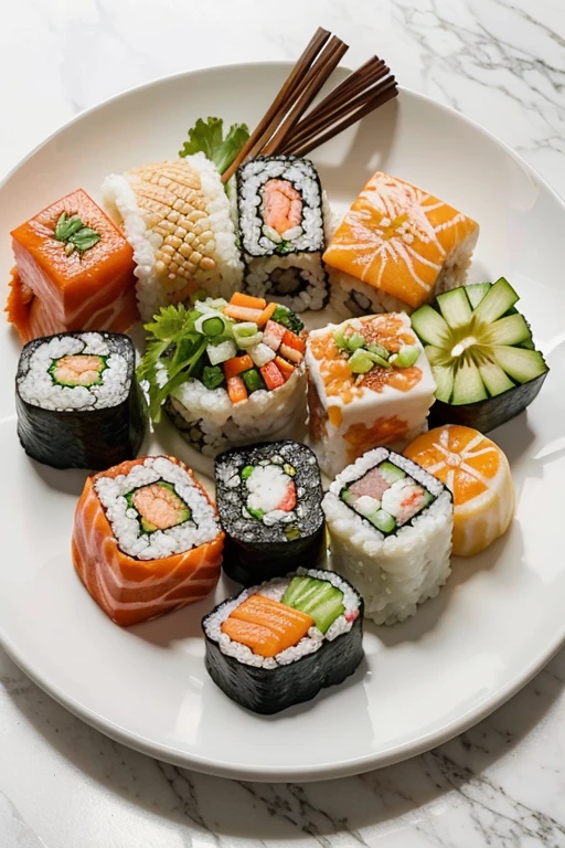 Portray a plate of fresh, colorful sushi, carefully arranged on a white plate.