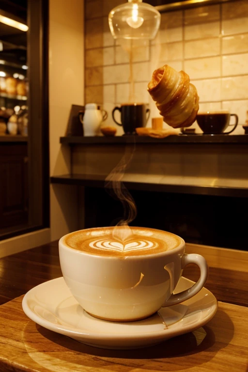 Show off a steaming, delicious cup of coffee, accompanied by a golden and buttered croissant.