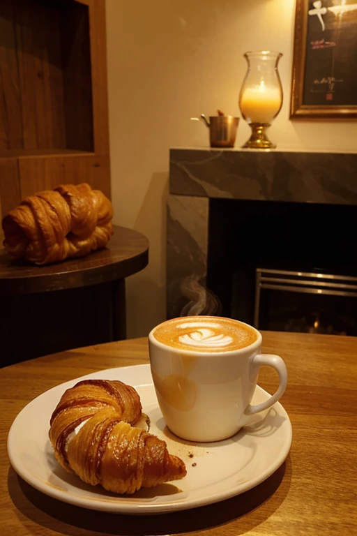 Show off a steaming, delicious cup of coffee, accompanied by a golden and buttered croissant.