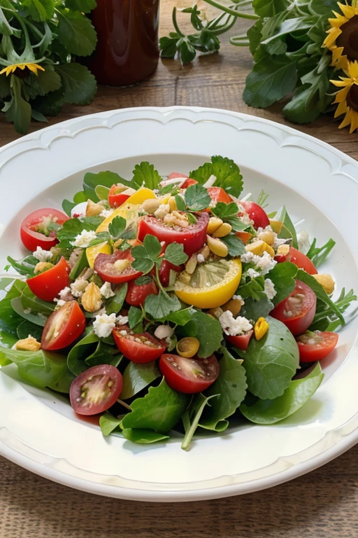 Create an image of a fresh, crunchy salad, remplie de légumes verts, de tomates cerises et de graines de tournesol.